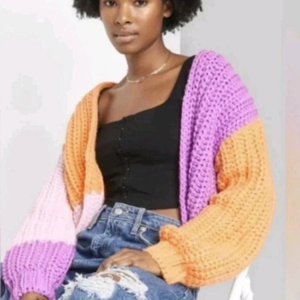 NWT Pink Orange Purple Chunky Knit Color Block Sweater Cardigan Wild Fable S